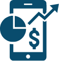 icon, tablet or phone, with graphs and dollar sign