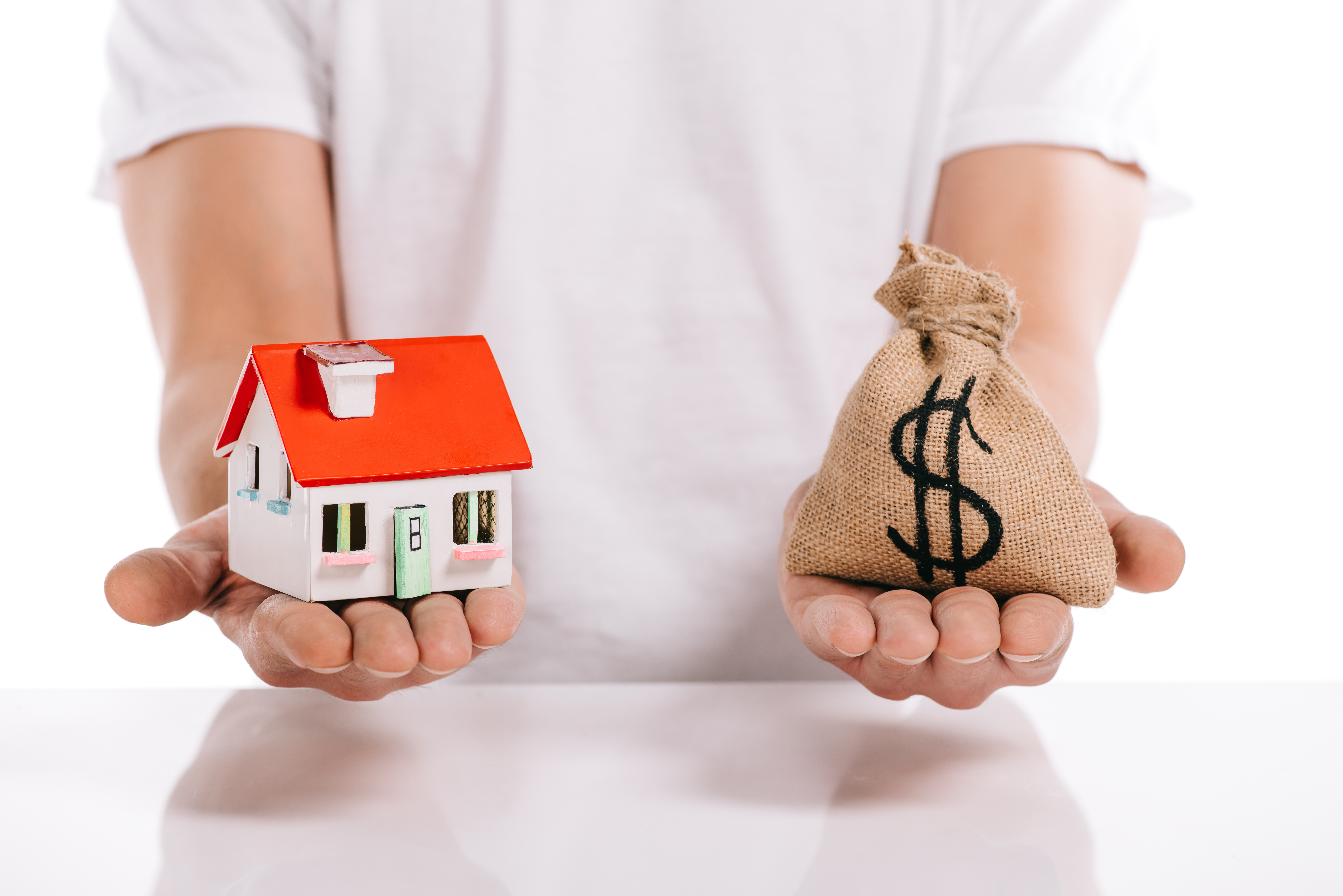 A person holding a model house in one hand and a bag with a money sign on it in the other.