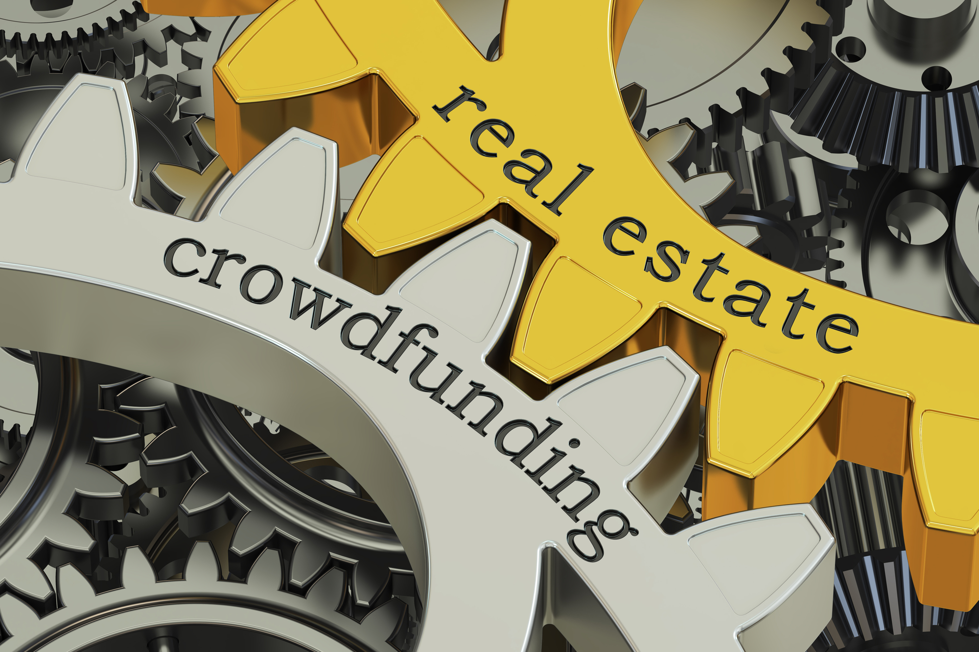 Two gear wheels fitting together. One labeled “real estate,” and the other labeled “crowdfunding.”